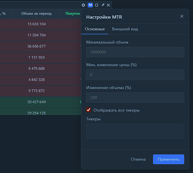 Скриншот виджета крупных движений